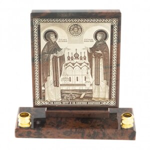 Икона настольная "Св. Петр и Св. Феврония" из обсидиана с подсвечниками 122902