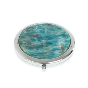 Карманное зеркальце круглое из камня голубой апатит цвет серебро в подарочной упаковке