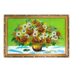 Картина "Букет из маков и ромашек" 57х87 см багет зеленый фон / картина в гостиную / картина на стену / для домашнего