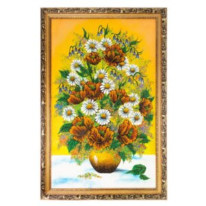 Картина "Букет из маков и ромашек" 87х57 см багет оранжевый фон / в гостиную / на стену / для домашнего интерьера