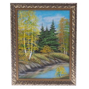 Картина из каменной крошки "Осенний пейзаж" багет 34х44 см / картина в гостиную / картина на стену / для домашнего