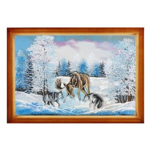 Картина "Лось с волками" багет дерево 46х66 см, каменная крошка 111715