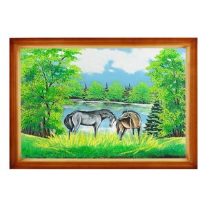 Картина "Лошади у озера" багет дерево 46х66 см, каменная крошка 111713