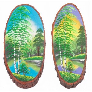 Картина на срезе дерева "Летний пейзаж" вертикальное 50-55 см каменная крошка 112217