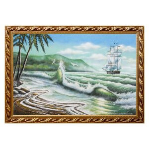 Картина "Пейзаж с парусником и пальмами" багет 46х66 см, каменная крошка 111208
