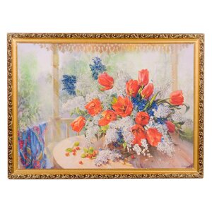 Картина с каменной крошкой "Тюльпаны с черёмухой" багет 58х78 см ДО17 117413