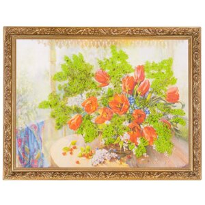 Картина с каменной крошкой "Тюльпаны с черемухой" багет гипс 34х44 см ДО17 120211