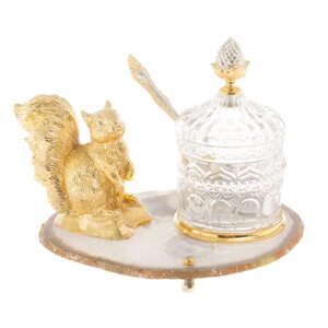 Медовница "Золотая белка" камень агат бронза в подарочной коробке Златоуст / посуда для меда / банка для меда / емкость