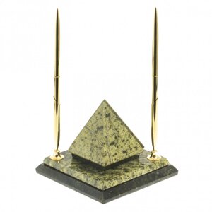 Настольная визитница "Пирамида" с двумя металлическими ручками камень змеевик