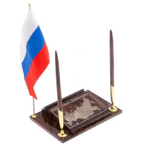 Офисный набор визитница "Карта РФ" из коричневого обсидиана / Настольная подставка для визиток с 2 ручками
