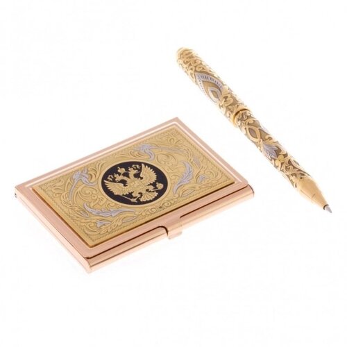 Подарочный набор карманная визитница с ручкой "Герб России"оригинальный подарок бизнес партнеру