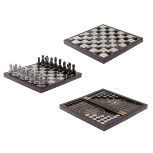 Шахматный набор 3 в 1 (шахматы, нарды, шашки) камень мрамор, змеевик с гравировкой / Шахматы каменные / Шашки