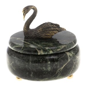 Шкатулка "Лебедь" змеевик бронза 14,5х14,5 см / шкатулка для ювелирных украшений / для хранения бижутерии / шкатулка из