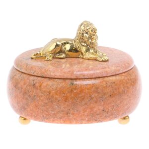 Шкатулка с декором из бронзы "Лев" камень розовый мрамор / шкатулка в подарок / для хранения ювелирных украшений,