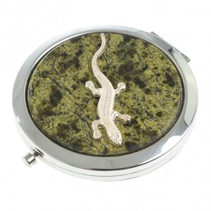 Зеркальце карманное круглое из змеевика с ящерицей цвет серебро