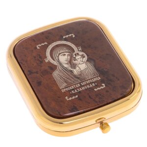 Зеркало с иконой "Казанская" из коричневого обсидиана / зеркало карманное для сумочки / зеркальце косметическое