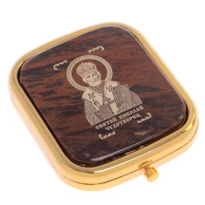Зеркало с иконой "Николай Чудотворец" из коричневого обсидиана / зеркало карманное для сумочки / зеркальце