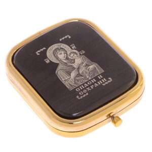 Зеркало с иконой "Спаси и сохрани Богородица" из черного обсидиана / зеркало карманное для макияжа / зеркальце