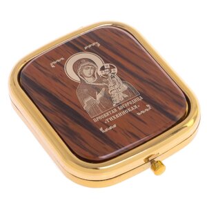 Зеркало с иконой "Тихвинская" из коричневого обсидиана / зеркало карманное для сумочки / зеркальце косметическое