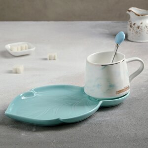 Чайная пара керамическая «Листочек», 3 предмета: чашка 320 мл, блюдце 25,516 см, ложка, цвет голубой