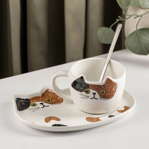 Чайная пара керамическая с ложкой «Котик», чашка 200 мл, блюдце 18,513,5 см