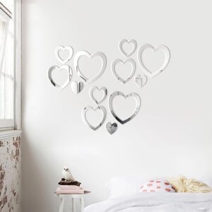Декор настенный "Сердца", из акрила, зеркальный, 12 элементов от 5.5 см до 14.6 см