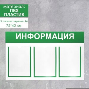 Информационный стенд "Информация" 3 плоских кармана А4, цвет зелёный 75*42