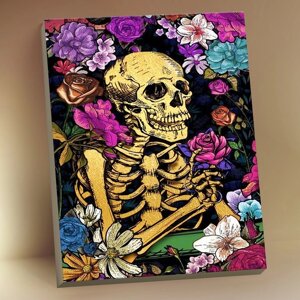 Картина по номерам с поталью 40 50 см «Скелет в цветах» 22 цвета
