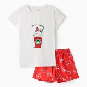 Комплект домашний женский "Котенок в стакане"футболка/шорты), цвет белый/красный, размер 50