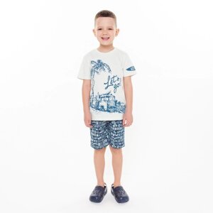 Комплект (футболка/шорты) для мальчика, цвет слоновая кость/индиго, рост 140 см