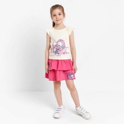 Комплект (футболка/юбка) для девочки, цвет светло-бежевый/розовый, рост 116 см