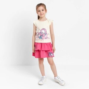 Комплект (футболка/юбка) для девочки, цвет светло-бежевый/розовый, рост 128 см