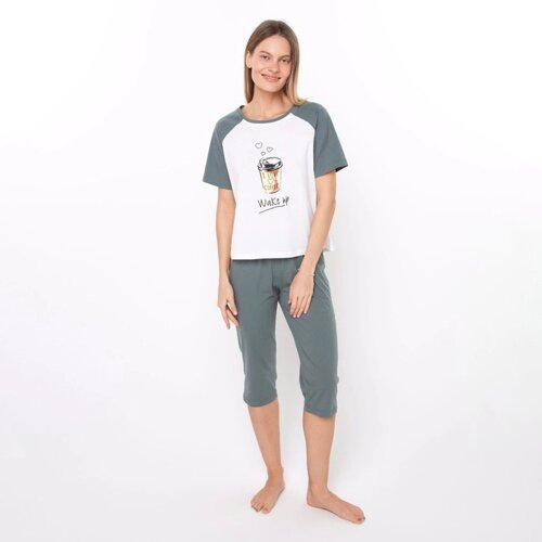 Комплект женский «Wake up»футболка/бриджи), цвет серо-зелёный, размер 46