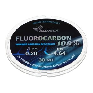 Леска монофильная ALLVEGA FX Fluorocarbon 100%диаметр 0.20 мм, тест 4.64 кг, 30 м, прозрачная