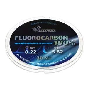 Леска монофильная ALLVEGA FX Fluorocarbon 100%диаметр 0.22 мм, тест 5.82 кг, 30 м, прозрачная