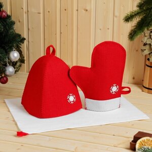 Набор банный подарочный "Зимушка"коврик, рукавица, шапка), войлок, красная