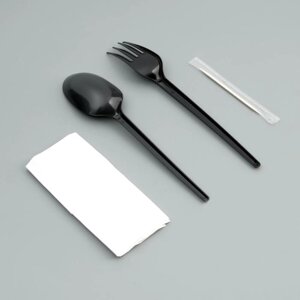 Набор одноразовой посуды "Вилка, ложка, салф. бум., зубочистка" черный цвет, 16,5 см (25 набор)