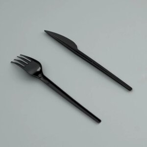 Набор одноразовой посуды "Вилка, нож, салф. бум., зубочистка" черный цвет, 16,5 см (25 набор)