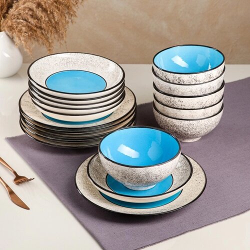 Набор посуды "Восточный", керамика, синий, 18 предметов: 6 шт-20 см, 6 шт-25 см, 6 шт-15 см, 700 мл , 1 сорт, Иран