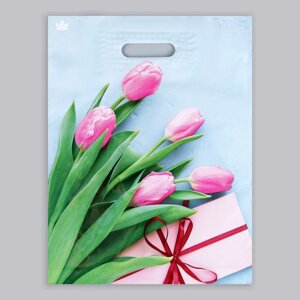 Пакет "Тюльпаны в подарок", полиэтиленовый, с вырубной ручкой, 31 х 40 см, 60 мкм (50 шт)