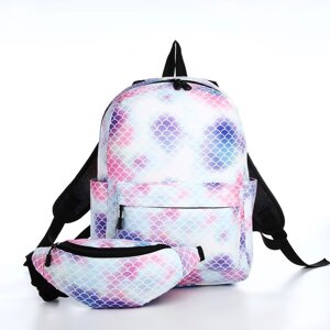 Рюкзак на молнии, наружный карман, 2 боковых кармана, поясная сумка, цвет голубой/белый/розовый