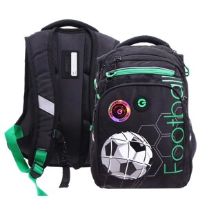 Рюкзак школьный, 38 х 26 х 20 см, Grizzly 350, эргономичная спинка, отделение для ноутбука, чёрный/зелёный RB-350-1_2