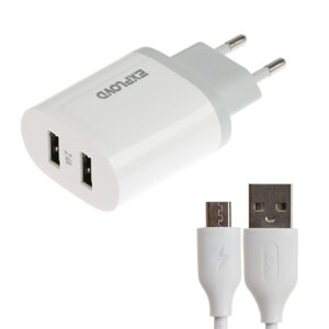 Сетевое зарядное устройство Exployd EX-Z-1433, 2 USB, 2.4 А, кабель microUSB, белое