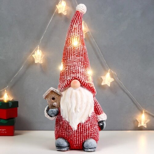 Сувенир керамика свет "Дедуля Мороз в красном полосатом наряде со скворечником" 47х21х15 см 756797