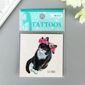 Татуировка на тело цветная "Котик в цветочном венке" 6х6 см (15 шт)