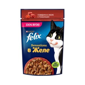 Влажный корм FELIX Sensations для кошек, говядина/томат в желе, 75 г (26 шт)