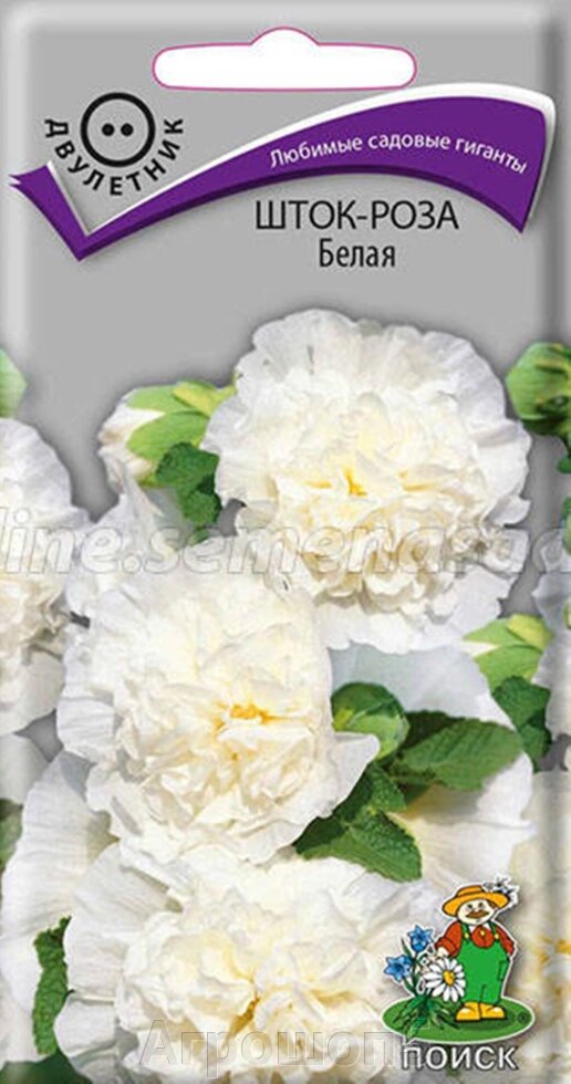 Шток-роза Белая. 0,1 грамма. Поиск. Мальва высотой 2,5 м с крупными бархатистыми полумахровыми и махровыми цветами от компании Агрошоп5 - фото 1
