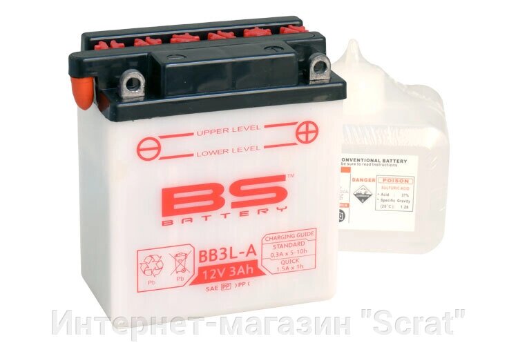 BB3L-A Аккумулятор BS , 12В, 3 Ач  98x56x110, обратная ( -/+ ), (YB3L-A) от компании Интернет-магазин "Scrat" - фото 1