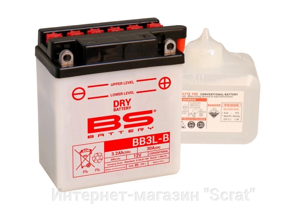 BB3L-B Аккумулятор BS , 12В, 3 Ач 30 A 98x56x110, обратная ( -/+ ), (YB3L-B) от компании Интернет-магазин "Scrat" - фото 1