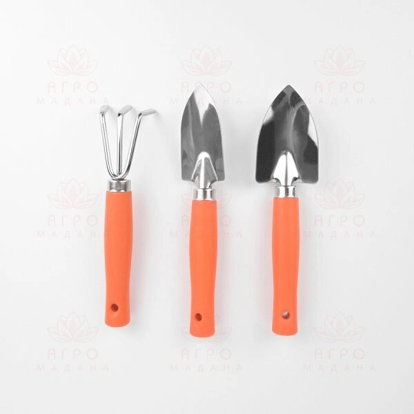 Набор садовых инструментов, 3 предмета - грабли, две лопатки с пластиковой оранжевой ручкой от компании Интернет-магазин "Мадана" - фото 1